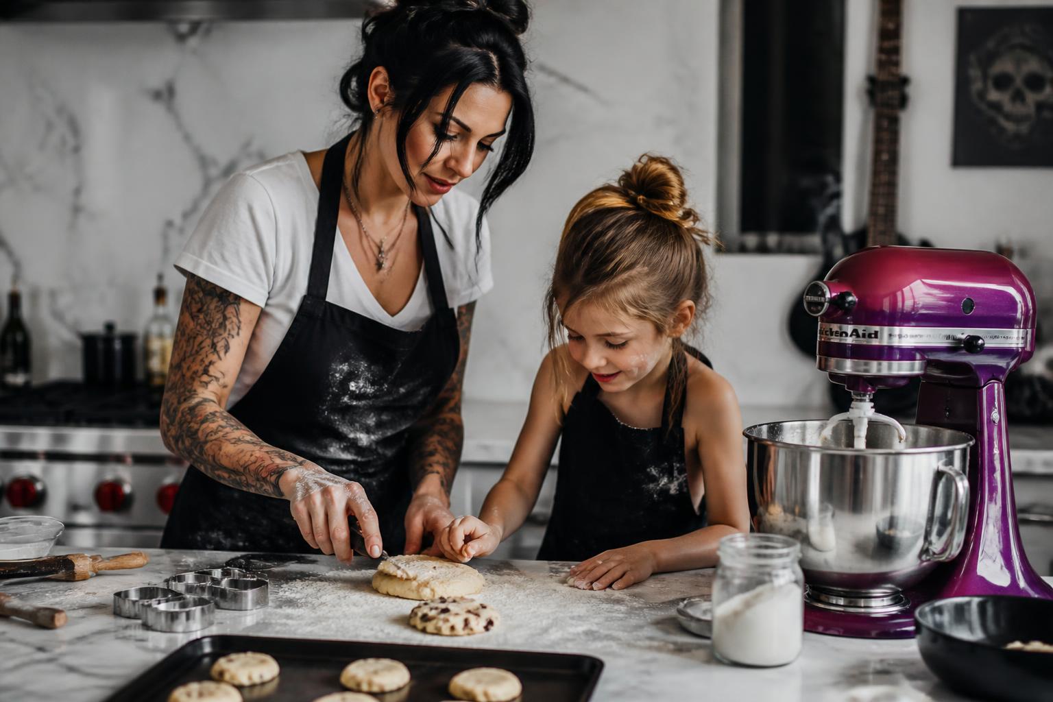 A mother and daughter in black aprons baking cookies together in a white marble kitchen with a hot pink and purple KitchenAid mixer